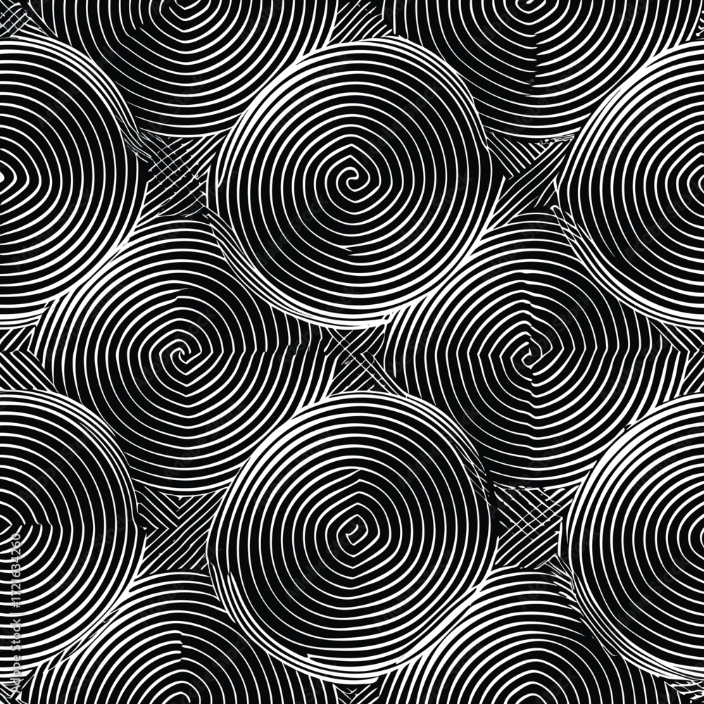 Poster seamless pattern of black and white concentric spiral circles and lines texture monochrome