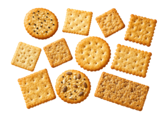 Isolated assorted crackers on a plain background.