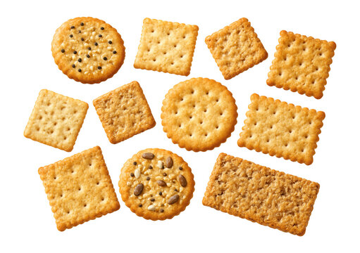 Isolated assorted crackers on a plain background.