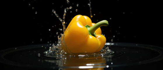 Fresh yellow bell pepper splashes into water, creating dynamic droplets and ripples, showcasing vibrant color and texture