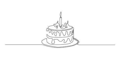 Continuous line illustration of a birthday cake with candles on top. One line drawing style symbolizing celebration, party, sweet dessert, anniversary, happiness, and festive moment.