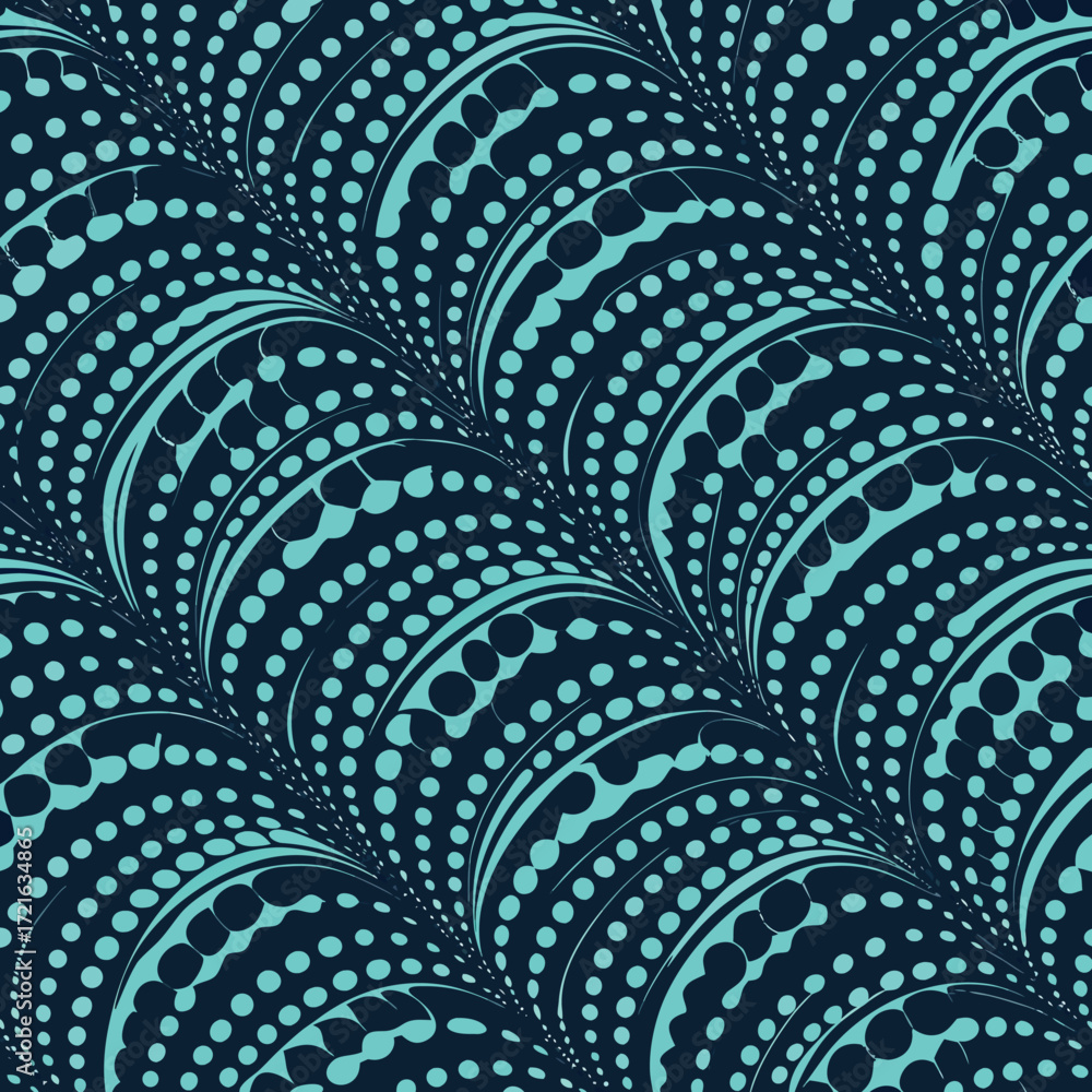 Poster seamless pattern of teal dots and curved lines on dark blue background abstract texture