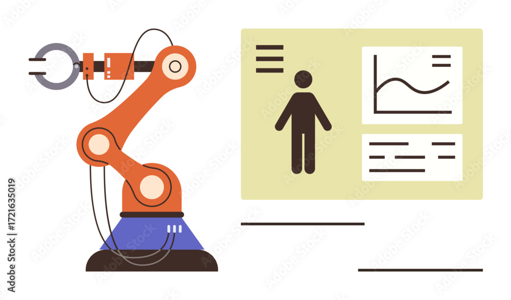 Poster robotic arm interacting alongside a data dashboard featuring human metrics, charts, and documents. i