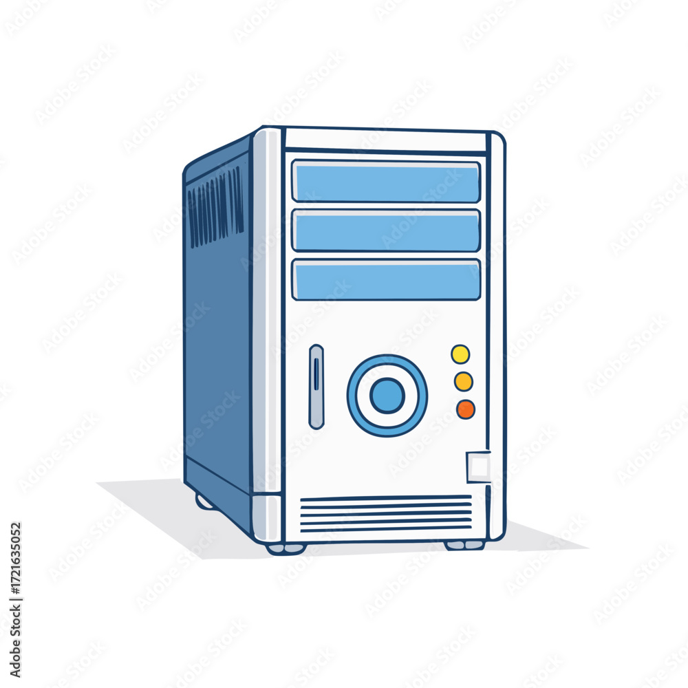 Poster modern white computer tower with blue accents and circular power button