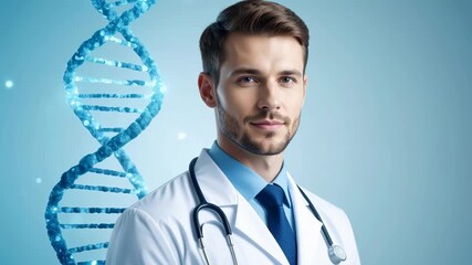 A doctor in a lab coat, with a stethoscope around his neck, stands in front of a blue DNA helix. A portrait of medical research and scientific progress. - Powered by Adobe
