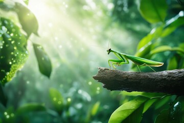 Praying mantis perched on branch in sunlit rainforest foliage
