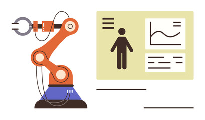Robotic arm interacting alongside a data dashboard featuring human metrics, charts, and documents. Ideal for technology, data science, automation, human-robot interaction, AI, engineering machine