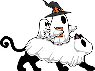 Ghosts Wearing Halloween Witch Hat with Black Cat Ghost Cartoon