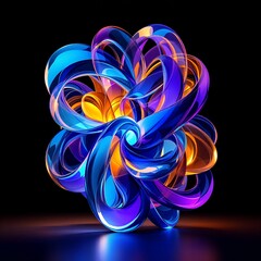 Vibrant Abstract Glass Sculpture with Intertwined Blue Purple and Orange Bands on Black Reflective Surface Creating a Modern Art Piece