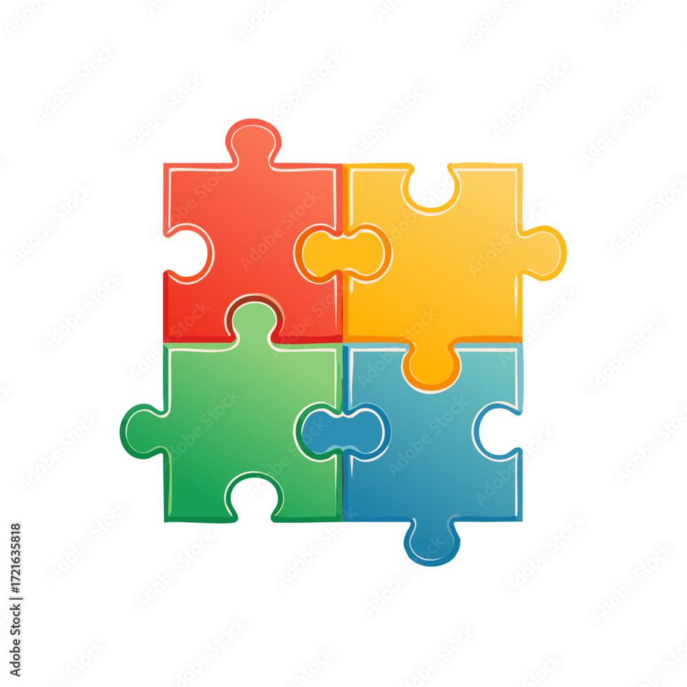 Poster four colorful interconnected puzzle pieces, representing connection, teamwork, and problem solving.