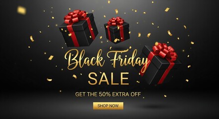 Black friday sale with gift boxes and confetti on dark background with elegant look