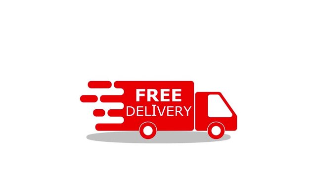 Red free delivery truck icon with motion lines. Fast shipping van symbol for e-commerce, online shopping, and logistics services.