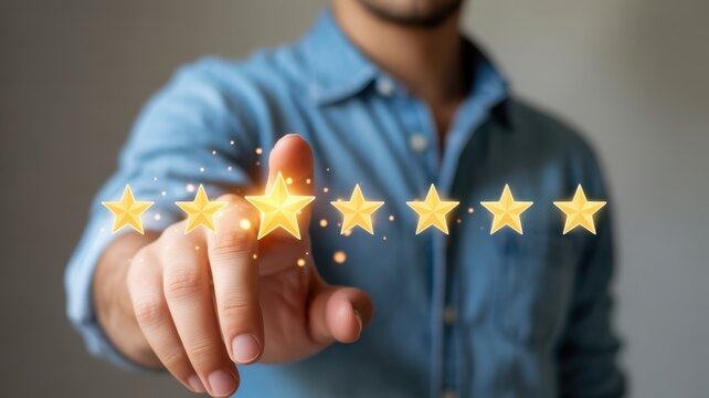 Service Excellence: A close-up of a hand selecting a five-star rating, illustrating a commitment to customer satisfaction and service excellence.