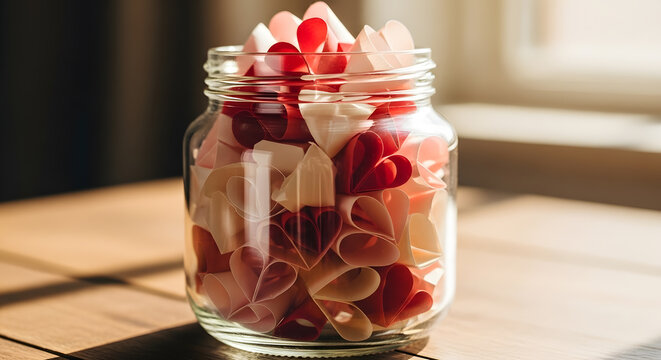 Heart-shaped paper notes inside jar, soft warm lighting, ultra-realistic