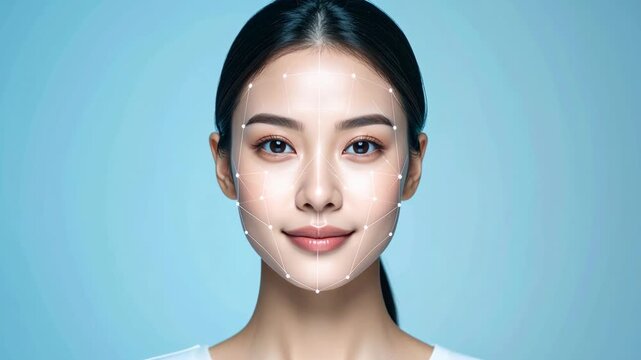 The image presents an Asian woman with an attractive face, perfect skin, and modern cosmetic facial analysis. It symbolizes a healthy beauty concept and natural self-care.