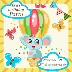 Kids birthday party invitation template with cute baby elephant on a hot air balloon vector image