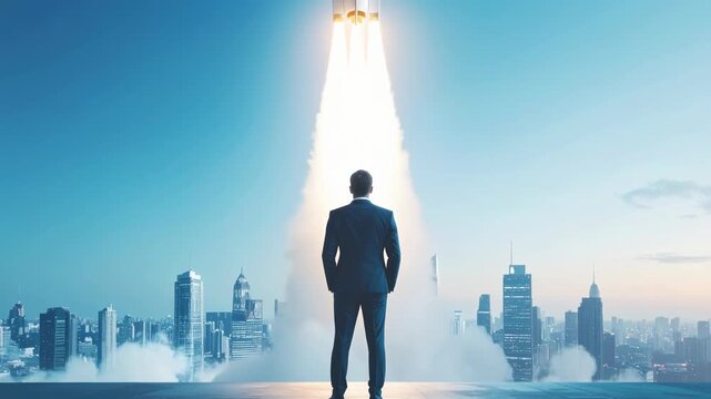 A determined businessman stands at the cusp of innovation, his gaze fixed on a rocket launch that pierces the sky, symbolizing ambition and progress.