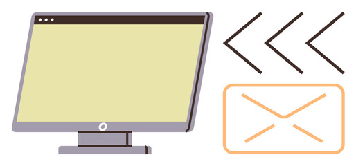 Desktop monitor beside email envelope and arrows representing incoming communication, digital messaging, and online interaction. Ideal for email, communication, technology, business, notifications