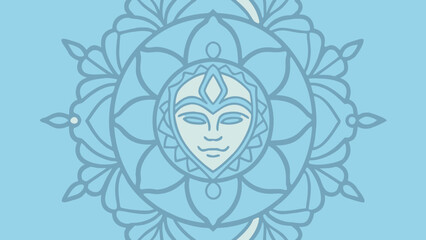 Fototapeta premium Stylized Blue Mandala With Face In Center On Light Blue Background Keywords: mandala, face, head, human, mask, symmetrical, circular, pattern, design, art, illustration, graphic, blue, light blue