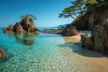 Picturesque coastal scene with crystal-clear water and rocks