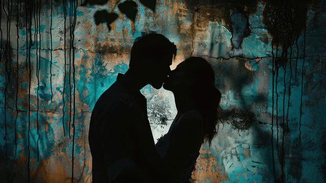 A romantic moment captured between two people embracing each other against a simple background