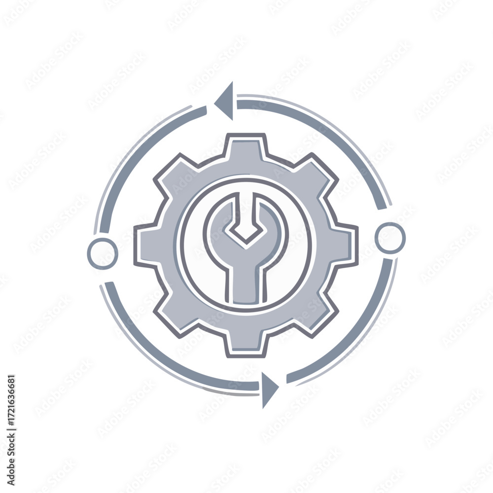 Poster mechanical gear with wrench and circular arrow icon symbolizing repair and workflow