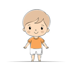 Cartoon illustration of a smiling young boy wearing orange shirt and white shorts.