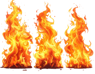 Three vibrant flames, reaching upward, in a graphic design.  Fiery orange and yellow, with dark base
