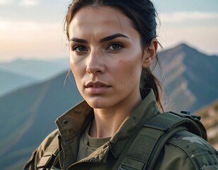Close-up of a woman in military-style attire on a mountain