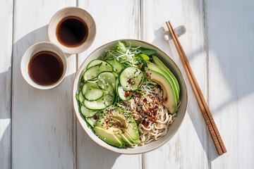 Cold ramen salad bowl with cucumbers, lettuce, avocado slices, and sesame dressing in pastel bowl