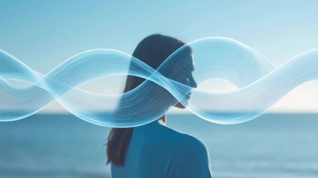 A serene woman gazes thoughtfully toward the horizon as artistic waves ebb and flow around her, reflecting inner peace and the ebb and flow of the mind.