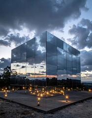 Modern Mirrored Cube Structure at Dusk.