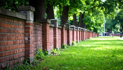 Brick wall along a grassy park path
