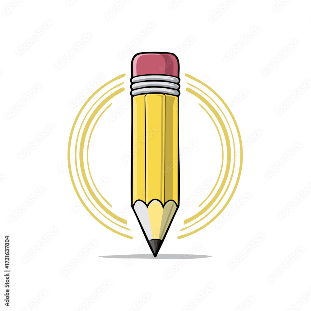 Poster stylized yellow pencil illustration featuring a pink eraser and sharpened tip surrounded by dynamic 