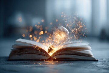 Open book with glowing lightbulb