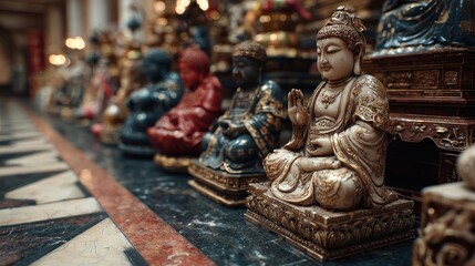 Row of Tranquil Buddha Statues Displaying Serenity and Cultural Heritage