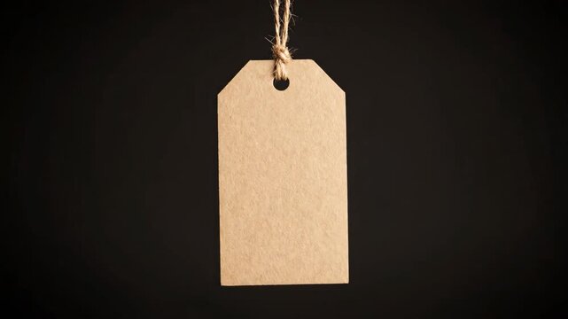 Blank Kraft Paper Tag Hanging on Twine - A close-up shot of a blank kraft paper tag hanging from twine against a dark grey background.