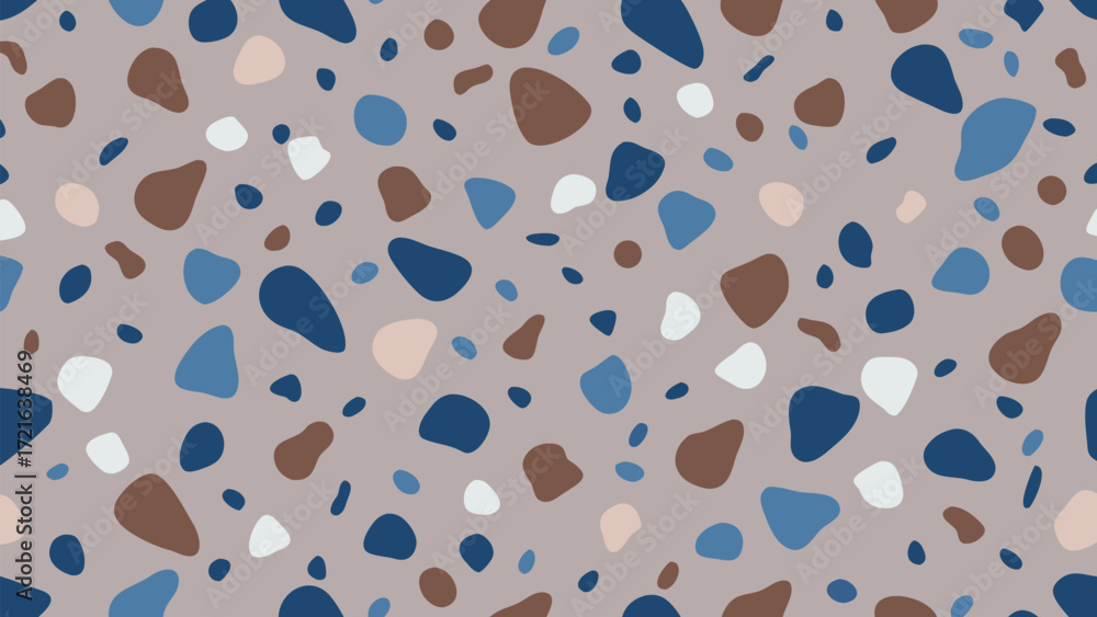 Poster terrazzo pattern with irregular shapes in blue brown and white on grey abstract background