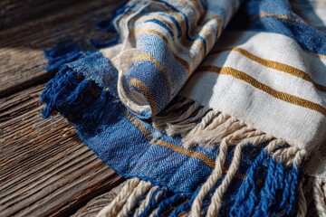 Jewish prayer shawl draped on a weathered wooden surface
