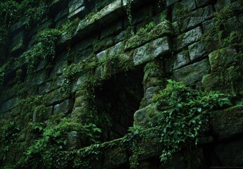 Lush overgrown stone wall with a dark archway