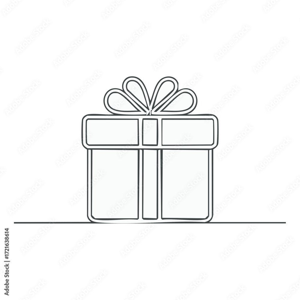 Poster continuous line drawing of a present box with a festive bow