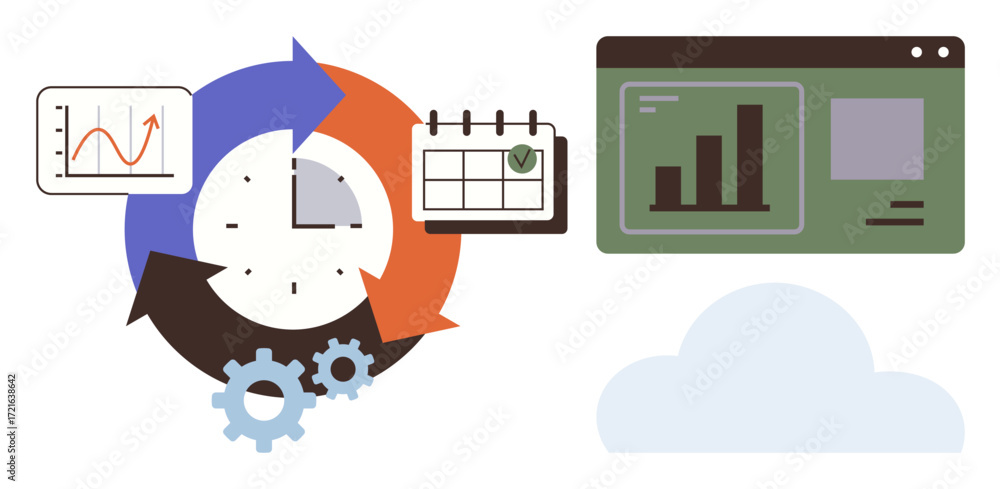 Aufkleber cyclic arrows around a clock with gears, chart and calendar icons, browser window with graphs, and c
