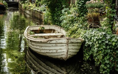 Old white boat on a canal, overgrown with greenery