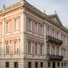 Fototapeta premium A stunning pink and white neoclassical palace with intricate architectural details, balconies, and tall windows under a bright sky