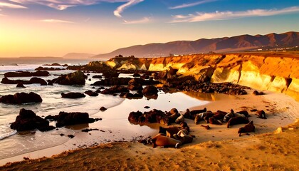 Coastal sunset with seals
