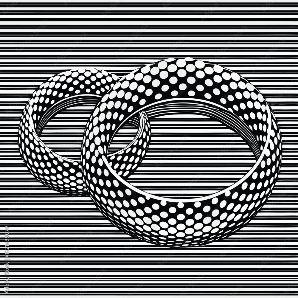 Poster two interlocking torus shapes with white dots on striped background abstract black