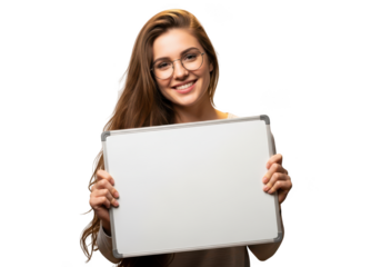 Young woman holding a blank white sign isolated on transparent background