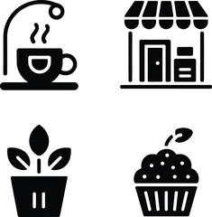 Lifestyle Zone Icon Set – Black & White Vectors of Coffee Corner, Book Nook, Floral Finds & Tasty Treats Basket