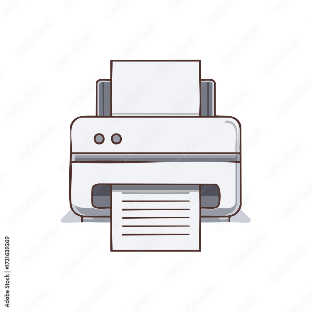 Poster office printer machine printing a paper document. simple flat style vector icon illustration.