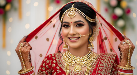 Radiant Indian Bride in Traditional Red Lehenga